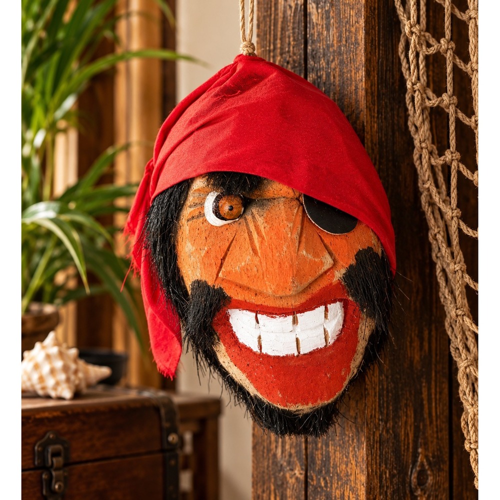 Vintage Hand Carved Coconut Pirate Head Wall Hanging Tiki Folk Art Red Bandana
